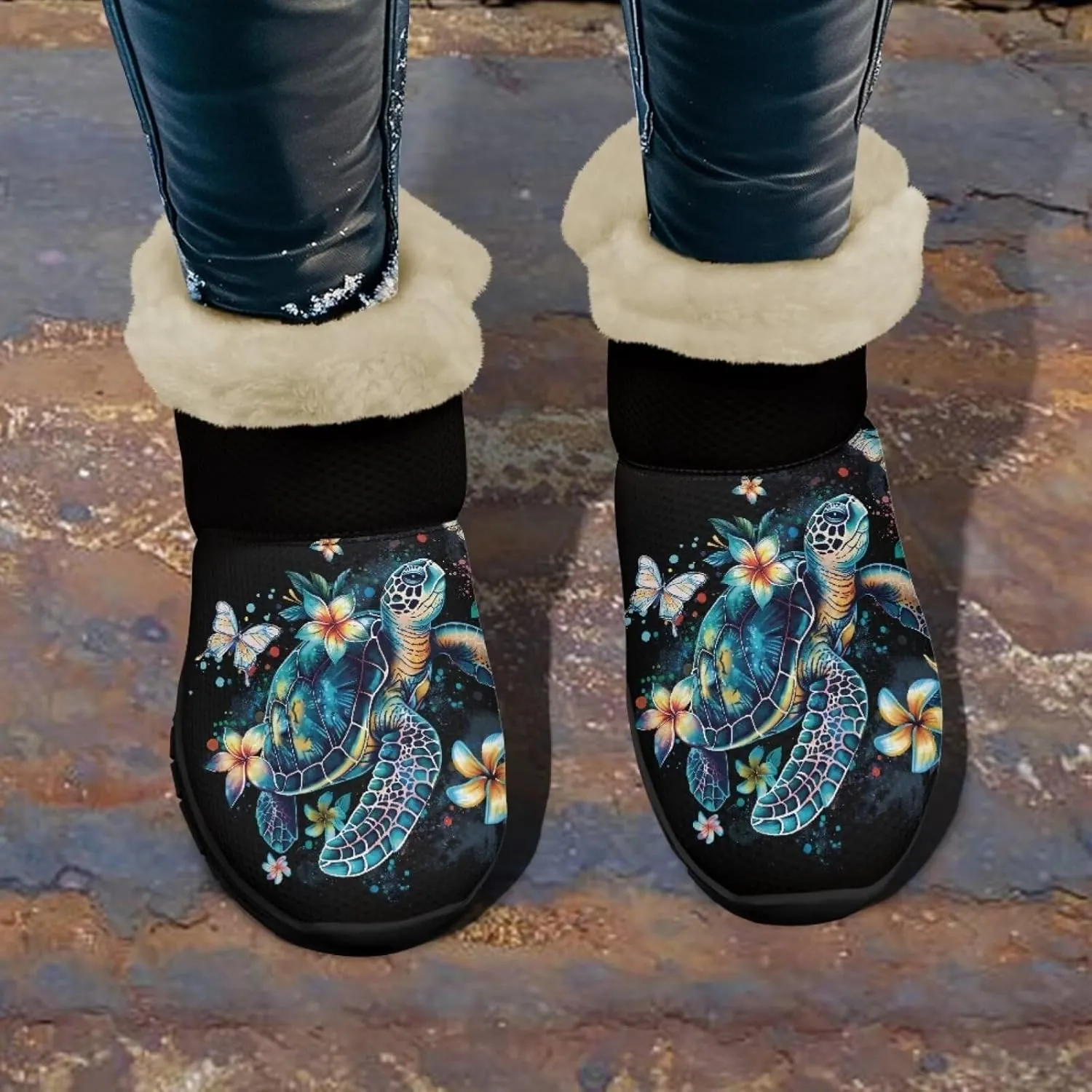 Butterfly Floral Winter Snow Boots for Women Anti-Slip Fuzzy Boot Ankle Booties Wide Width Shoes