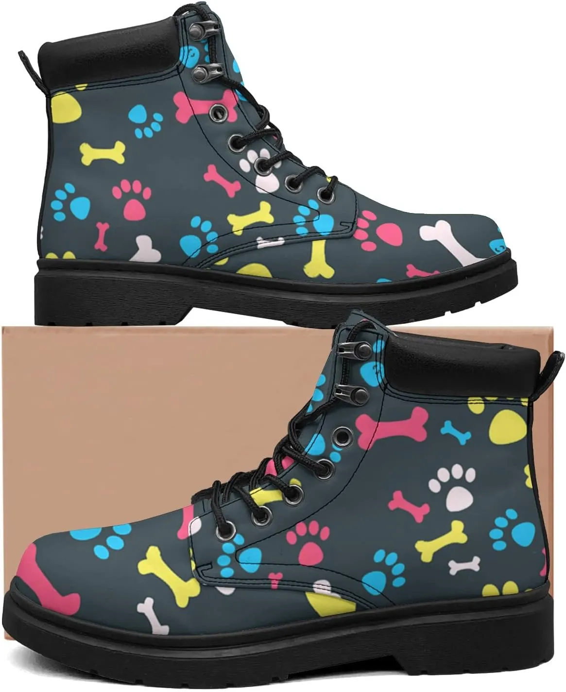 Pitovozu Colorful Dog Footprints Boots Womens Snow Boots Ankle Anti-Slip Combat Boots Lace Up Winter Waterproof Leather Boots Shoes Gifts for Women
