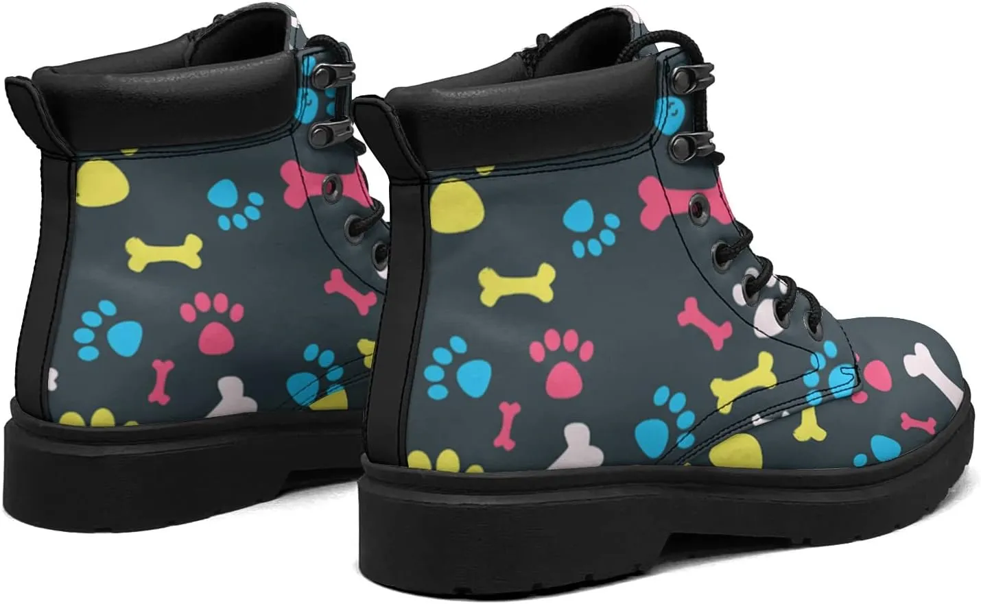 Pitovozu Colorful Dog Footprints Boots Womens Snow Boots Ankle Anti-Slip Combat Boots Lace Up Winter Waterproof Leather Boots Shoes Gifts for Women