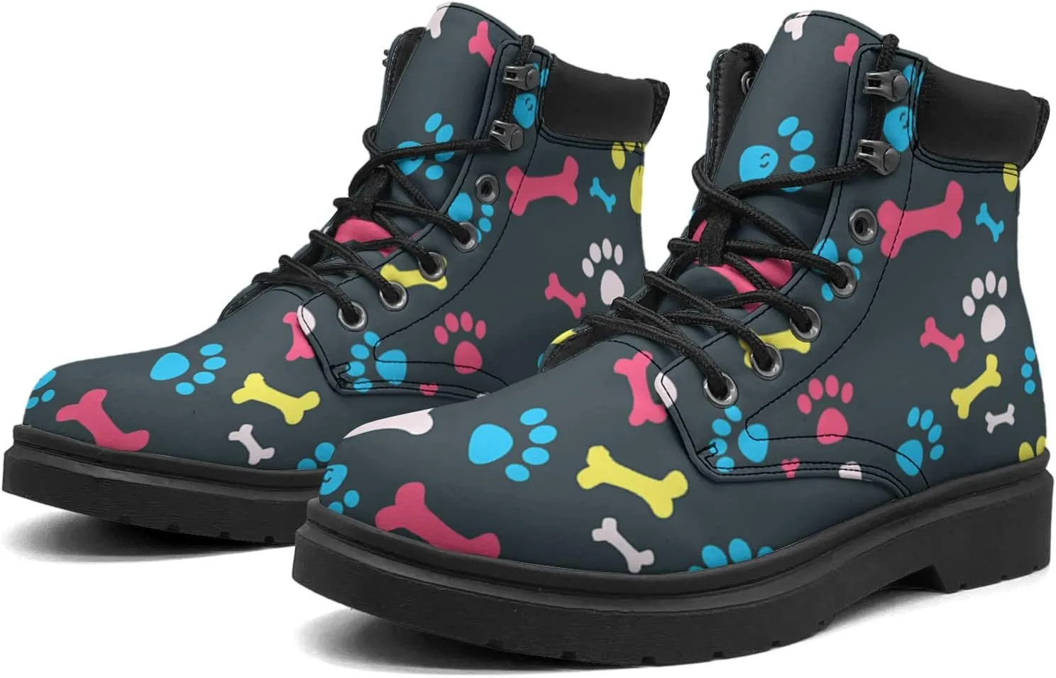 Pitovozu Colorful Dog Footprints Boots Womens Snow Boots Ankle Anti-Slip Combat Boots Lace Up Winter Waterproof Leather Boots Shoes Gifts for Women