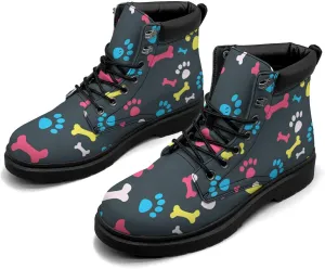 Pitovozu Colorful Dog Footprints Boots Womens Snow Boots Ankle Anti-Slip Combat Boots Lace Up Winter Waterproof Leather Boots Shoes Gifts for Women