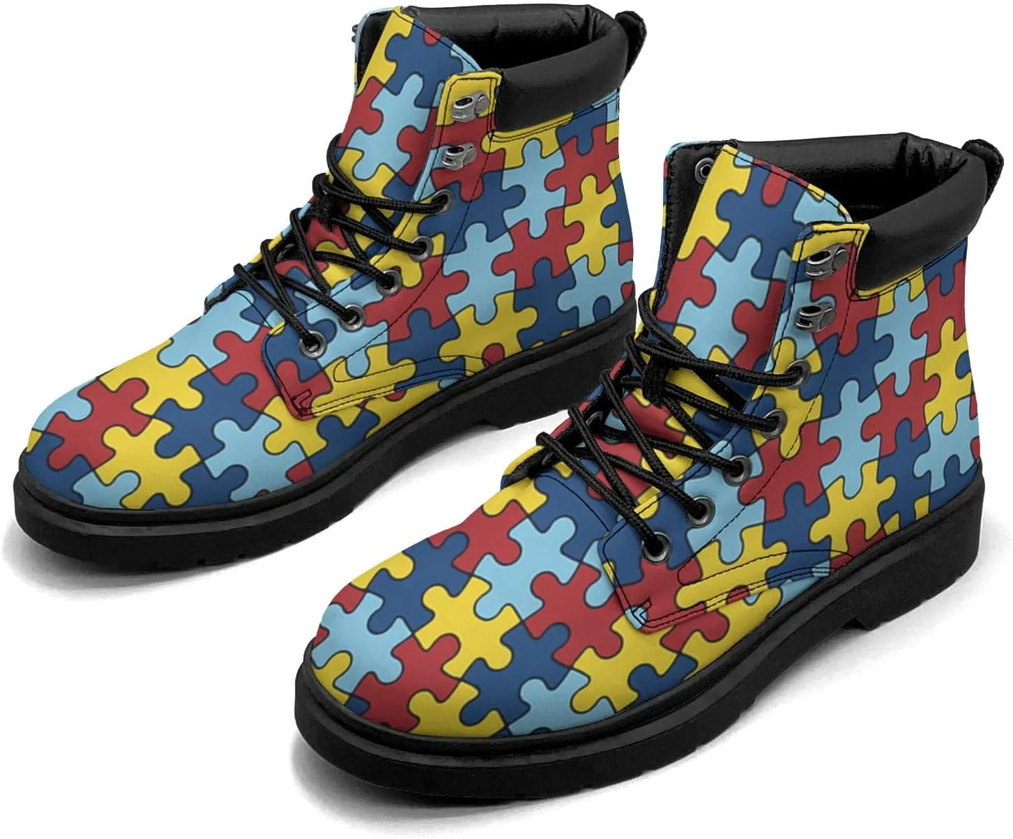 Pitovozu Sunflower World Autism Awareness Boots Womens Snow Boots Ankle Anti-Slip Combat Boots Lace Up Winter Waterproof Leather Boots Shoes Gifts for Women