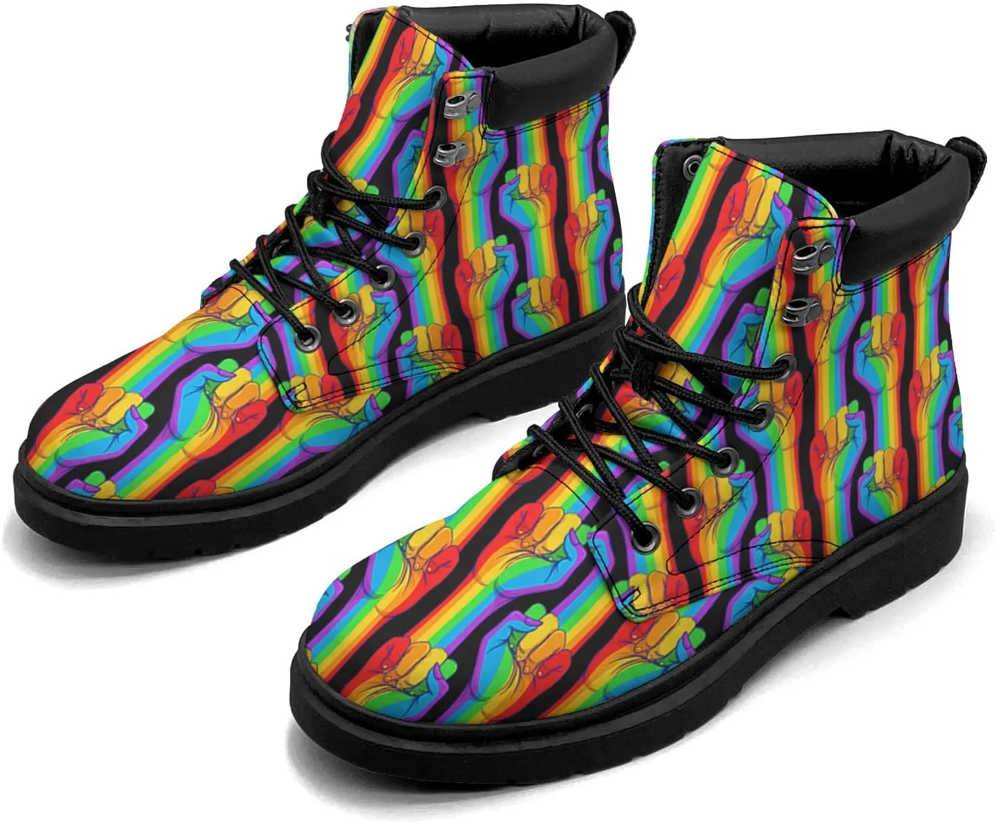 Rainbow Flag Gay Pride Boots Womens Snow Boots Ankle Anti-Slip Combat Boots Lace Up Winter Waterproof Leather Boots Shoes Gifts for Women