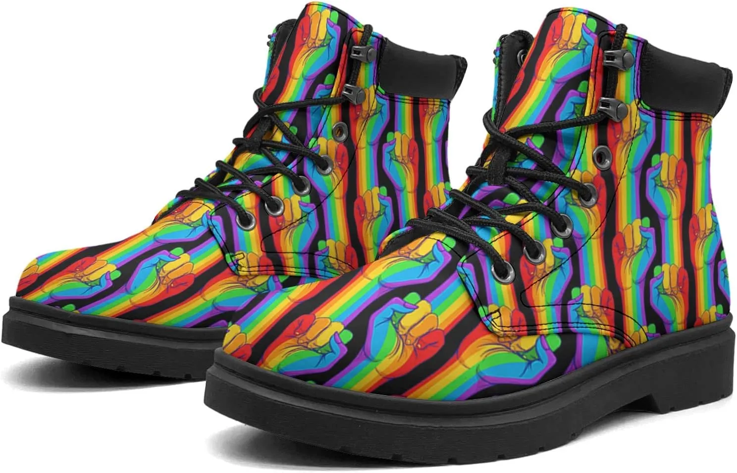 Rainbow Flag Gay Pride Boots Womens Snow Boots Ankle Anti-Slip Combat Boots Lace Up Winter Waterproof Leather Boots Shoes Gifts for Women