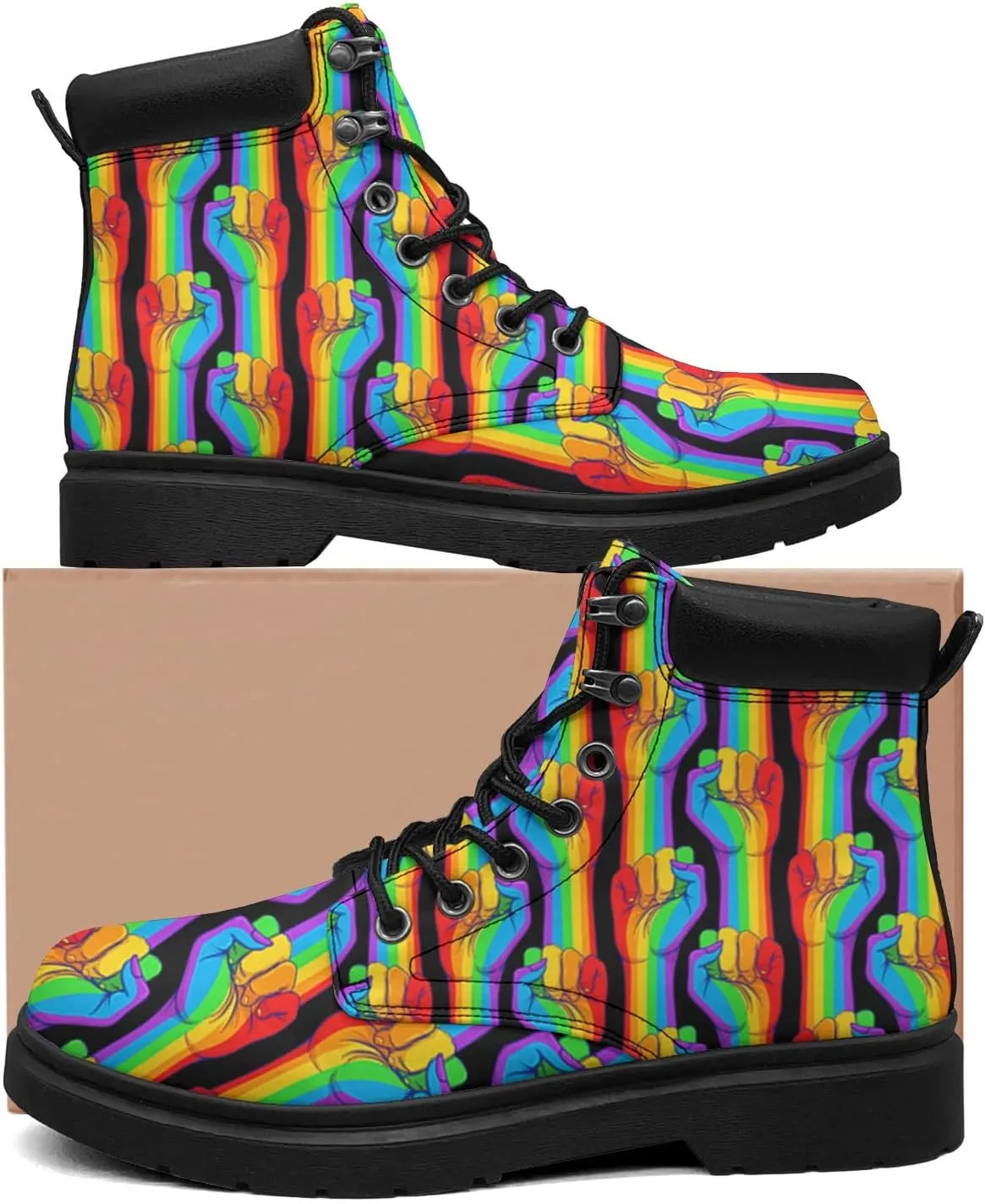 Rainbow Flag Gay Pride Boots Womens Snow Boots Ankle Anti-Slip Combat Boots Lace Up Winter Waterproof Leather Boots Shoes Gifts for Women